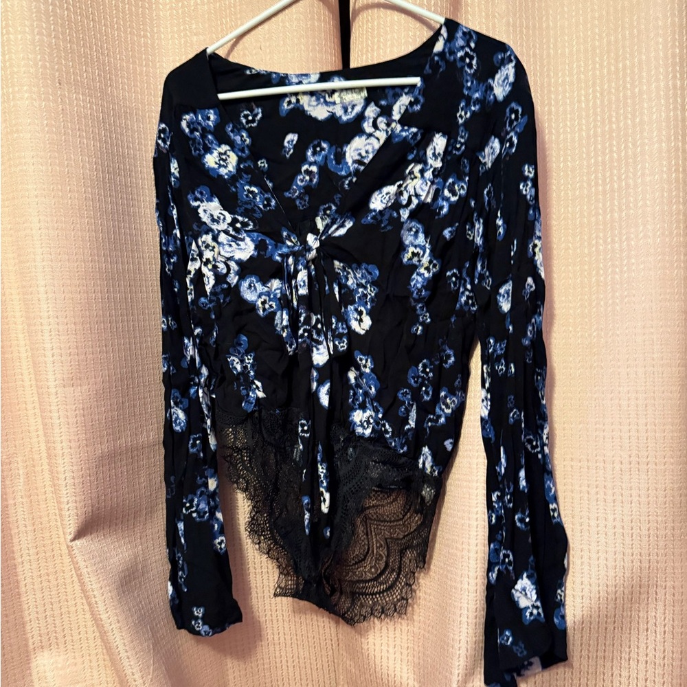 Free People Blue Floral V Neck Lace Bodysuit
